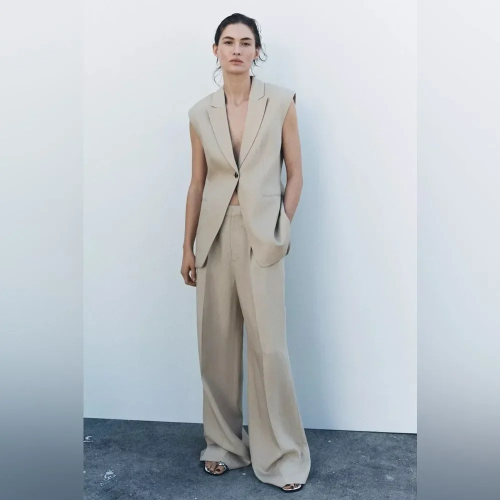 NWT ZARA High Waist Linen Blend Darted Trouser Pant in Camel Size XL